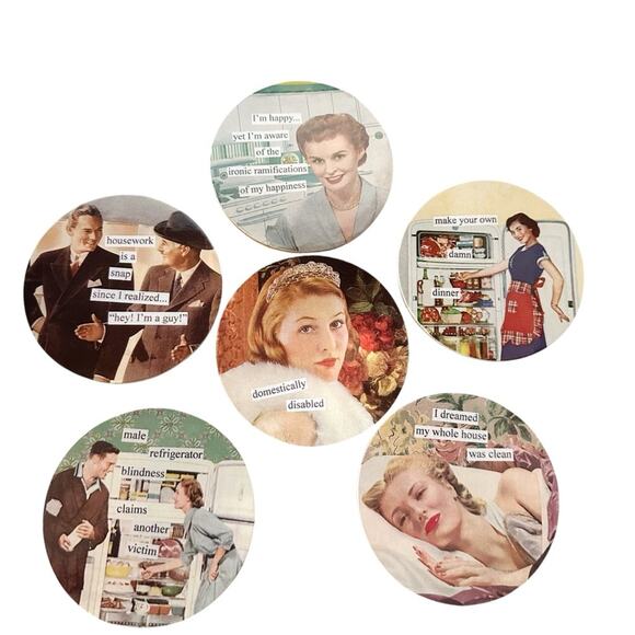 Anthropologie Anne Taintor Domestic Bliss Humor Wry 50's Coaster Set with Tin - Picture 1 of 6